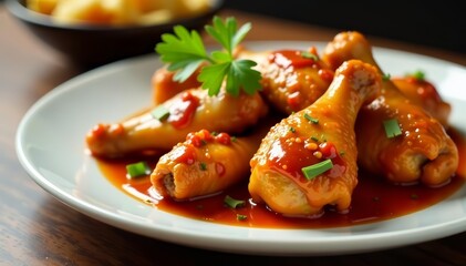 Naklejka premium Close up of succulent grilled chicken wings in sauce on a white platter, delicious, gourmet
