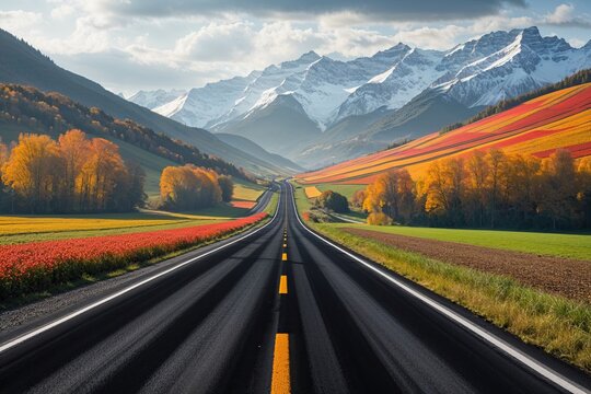 Journeying on a Smooth Black Asphalt Road Through Colorful Autumn Fields to Majestic Snow-Capped Mountains