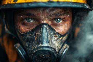 Fototapeta premium A exhausted firefighter is seen removing their mask in a charred building, illustrating the aftermath of a fire as smoke lingers in the air Generative AI