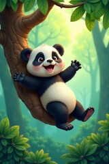 Fototapeta premium Playful cartoon panda swinging on a tree branch in the jungle, vector, tree, swinging