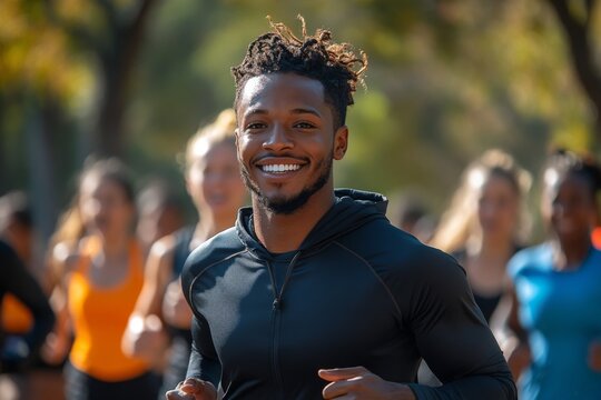 A fitness coach guides a lively boot camp in a park, inspiring participants as they engage in exercises under the bright sun Generative AI