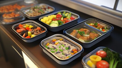 Fototapeta premium Diverse pre-packaged meals offering a variety of healthy food choices in convenient containers.