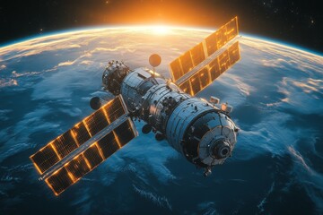 A sleek space station hovers above Earth, its solar panels reflecting the early morning light. The vibrant colors of sunrise create a striking backdrop Generative AI