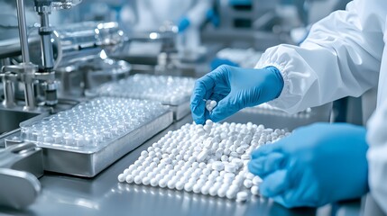 Fototapeta premium Workers in a pharmaceutical lab packaging and labeling medication, pharmaceutical packaging process, medical production