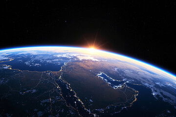 Obraz premium View of Earth from space at sunrise showing Middle East and Africa, creative digital style, outer space background, concept of global connection. Ai generative