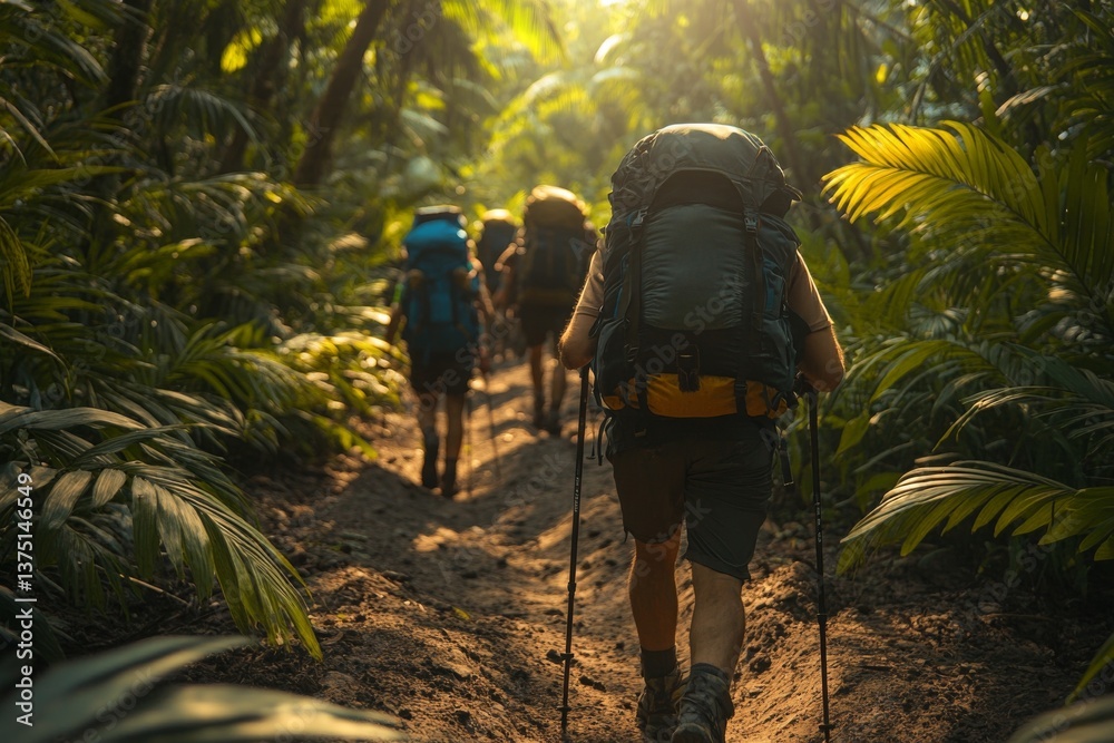Fototapete Friendship shines as a group hikes through a dense forest, surrounded by rich greenery and soft sunlight filtering through the trees Generative AI