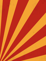 a radial pattern with alternating red and yellow-orange rays, emanating from the bottom left corner. The design has a retro, comic book-style texture with a vibrant and dynamic feel.