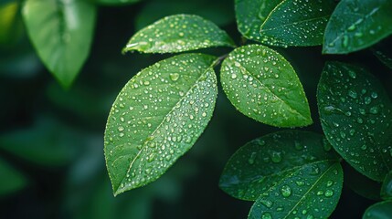Fototapeta premium Close-up view of vibrant green leaves glistening with dew drops after a refreshing rain shower showcasing the beauty of nature's details in a lush garden setting.
