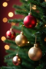 Obraz premium Ball ornaments hanging from Christmas tree branches , christmas tree, ornaments