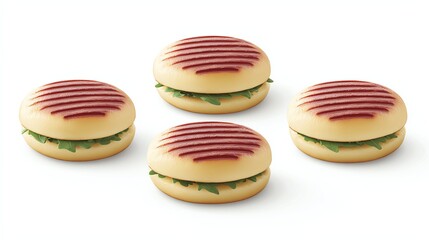 Obraz premium Panini made with focaccia roll, filled with spicy salami with olives and tomato, golden crispy grill lines, studio-lit white background