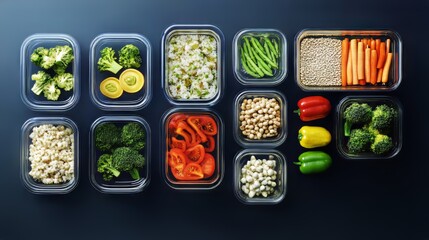 Assorted prepared meals and fresh produce in glass containers on a dark surface. Ready for the fridge!