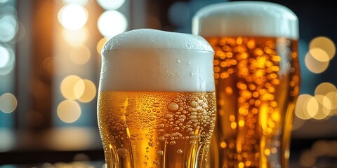 Refreshing cold beer served in classic pint glasses with a foamy head, capturing the essence of relaxation, social gatherings, and nightlife in a stylish, high-quality image

