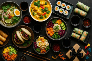 Colorful Asian Fusion Feast with Sushi, Ramen, and Curry