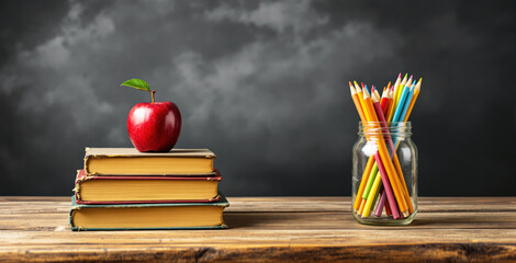 Stack of old books with red apple and glass jar full of colored pencils on wooden table, realistic style, dark cloudy background, concept of creative education. Ai generative