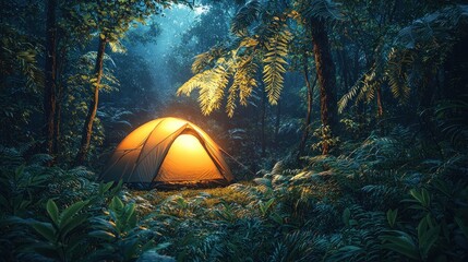 Enchanted Forest Night Camping: A Serene Illuminated Tent in Lush Greenery
