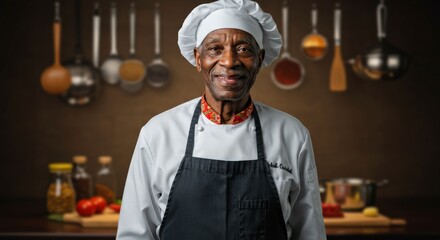A skilled elderly male chef in a white hat and dark apron poses confidently in a well-equipped kitchen, showcasing culinary expertise amidst various cooking tools and ingredients.