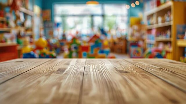 A warm, inviting wooden table in a vibrant toy store setting.
