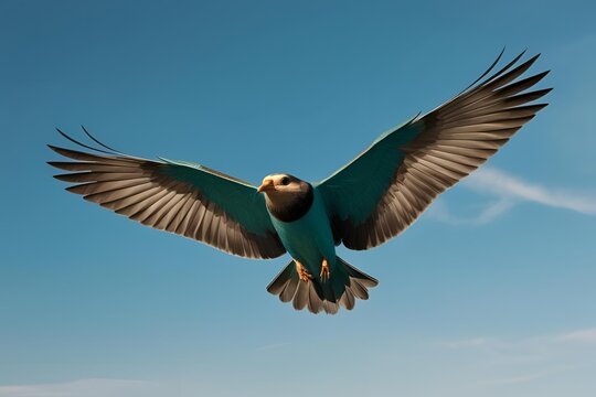Bird flying high in the sky, distant view with wide wings, clear blue horizon.