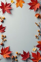 Autumnal Frame of Vibrant Maple Leaves, Acorns, and Berries on a Soft Gray Background