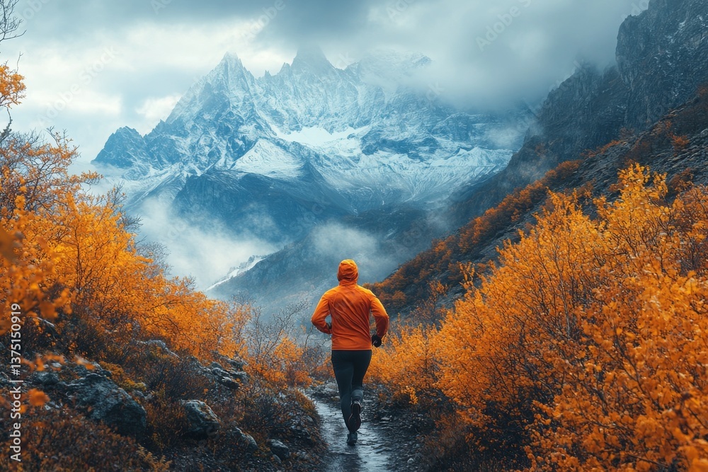 Leinwandbilder a person runs along a beautiful trail, flanked by striking orange leaves and towering mountains. the