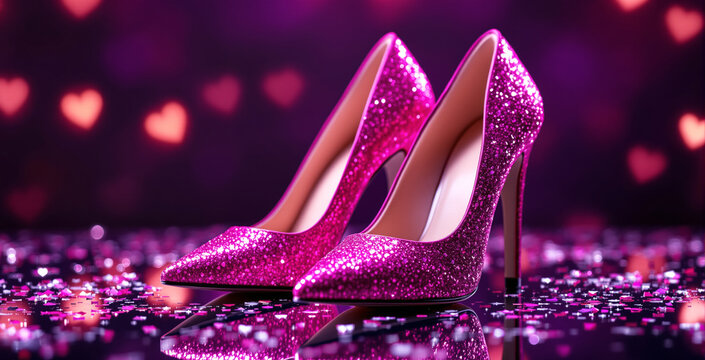 Sparkling pink high heel shoes on a glossy surface, surrounded by confetti, with heart-shaped bokeh lights in background. Creative fashion concept. Ai generative