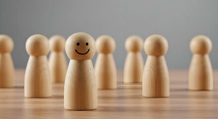 Wooden Peg Dolls: One Smiling Face Stands Out in a Crowd, Individuality, Positivity, Leadership, Teamwork, Minimalist Style, Conceptual Image