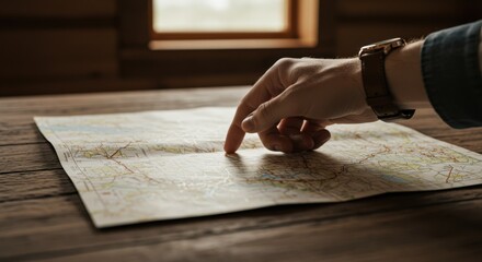 A Close-Up of a Hand Pointing at a Detail on a Vintage Map Spread on a Wooden Table by a Window in a Cozy Room