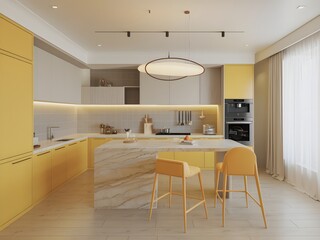 Modern Kitchen Design: An elegant, modern kitchen boasts sleek cabinetry and a central island, exuding a sense of contemporary design, functionality, and style.