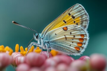 Obraz premium A butterfly with delicate wings rests gently on colorful flowers, showcasing intricate patterns while surrounded by a serene natural environment Generative AI