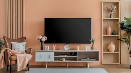 Contemporary Living Room: A modern living space, designed with neutral tones, and natural materials, creating a comfortable and stylish environment, featuring a large flat-screen television.