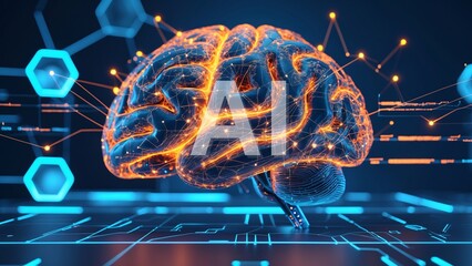 Futuristic AI Brain Concept Glowing Orange Neural Networks in Cybernetic Blue Space (8K 3D Render)