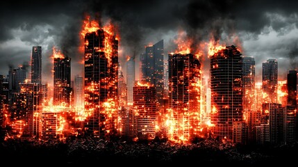 Fire engulfs skyscrapers urban cityscape digital art nighttime dramatic concept