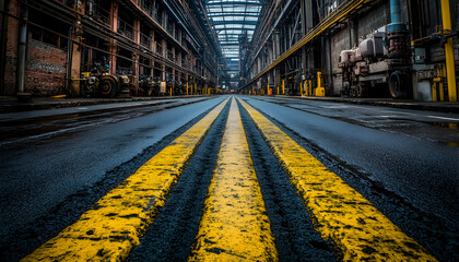 Fototapeta premium Dark Industrial Factory Interior with Yellow Road Lines