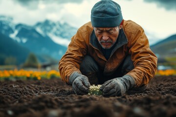 A farmer tends to his crops by planting seeds carefully in the rich soil, surrounded by stunning mountains and fields, capturing the essence of rural life Generative AI