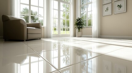 Living room bathed in natural light, featuring large windows that offer a view of the outdoors. A white sofa adds to the room's clean and spacious ambiance.
