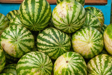 Russia: street sale of watermelons, a pile of watermelons at the counter.