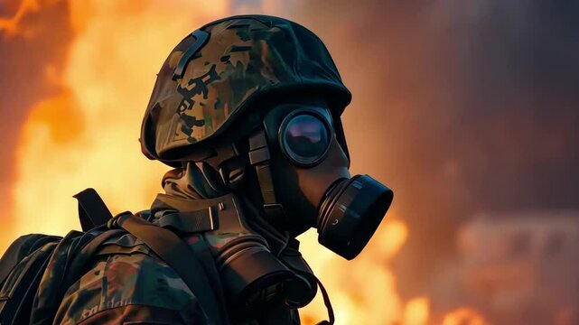 An intense scene depicting a soldier in an antipsychotic gas mask, standing amidst swirling smoke from shelling under a dramatic sunset, evoking emotions of tension and resilience.