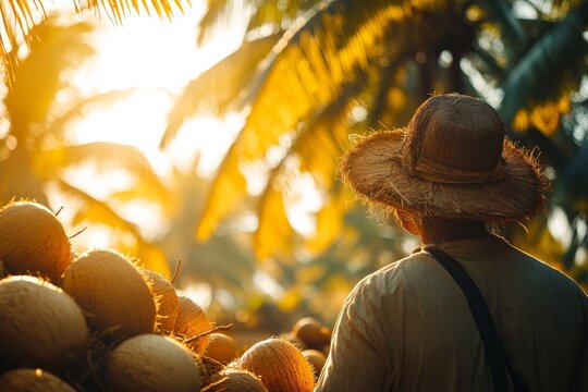 A worker gathers ripe coconuts under palm trees as the sun sets, casting a warm glow over the tropical landscape and the harvest Generative AI
