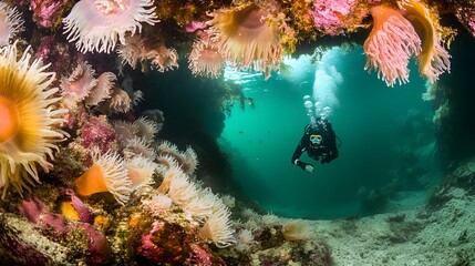 Naklejka premium Diver explores crystal-clear depths of pure sea underwater adventure