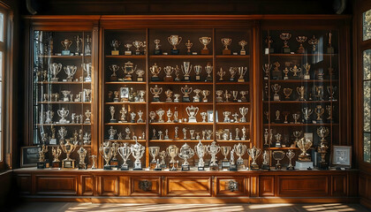 Dark Wooden Display Cabinet Filled with Vintage Trophies and Awards