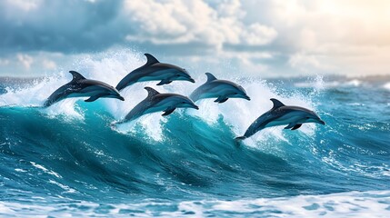 Obraz premium Dolphins leaping through waves ocean wildlife photography sunny day aerial view