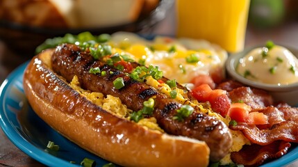 Delicious breakfast plate with sausage and eggs in a cozy diner