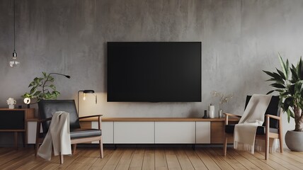 Modern Living Room with TV: A contemporary living space featuring a large TV mounted on a textured wall. Stylish furniture, including armchairs and a wooden cabinet, completes the scene.