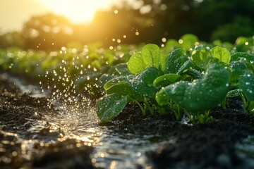 Drip irrigation delivers essential water to thriving green crops as the sun sets, highlighting the importance of efficient irrigation in agriculture Generative AI