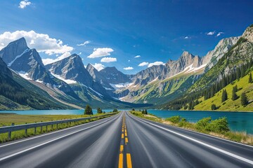 Naklejka premium Stunning Road Trip on a Serene Highway Enveloped by Majestic Mountains and a Pristine Lake Under a Bright Blue Sky