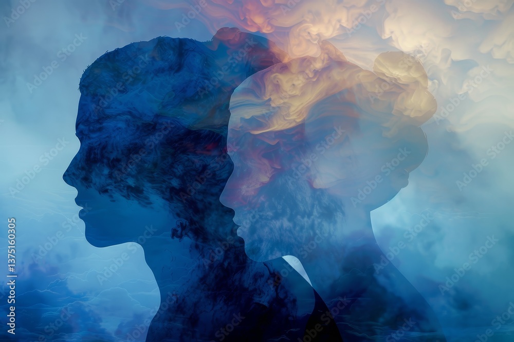 Sticker surreal composition of two figures in silhouette emerging from blue and golden clouds, a surreal com