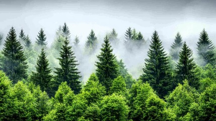 Fototapeta premium Lush Green Forest with Mist and Evergreen Trees Under Morning Light