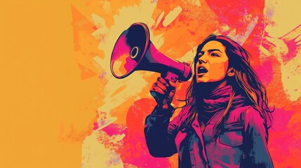 Woman using megaphone, protesting, vibrant colors, activist, speech, announcement.