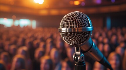 Studio-quality condenser microphone on a stand in front of an audience, capturing the essence of live music, stand-up comedy, public speaking, or podcast recording

