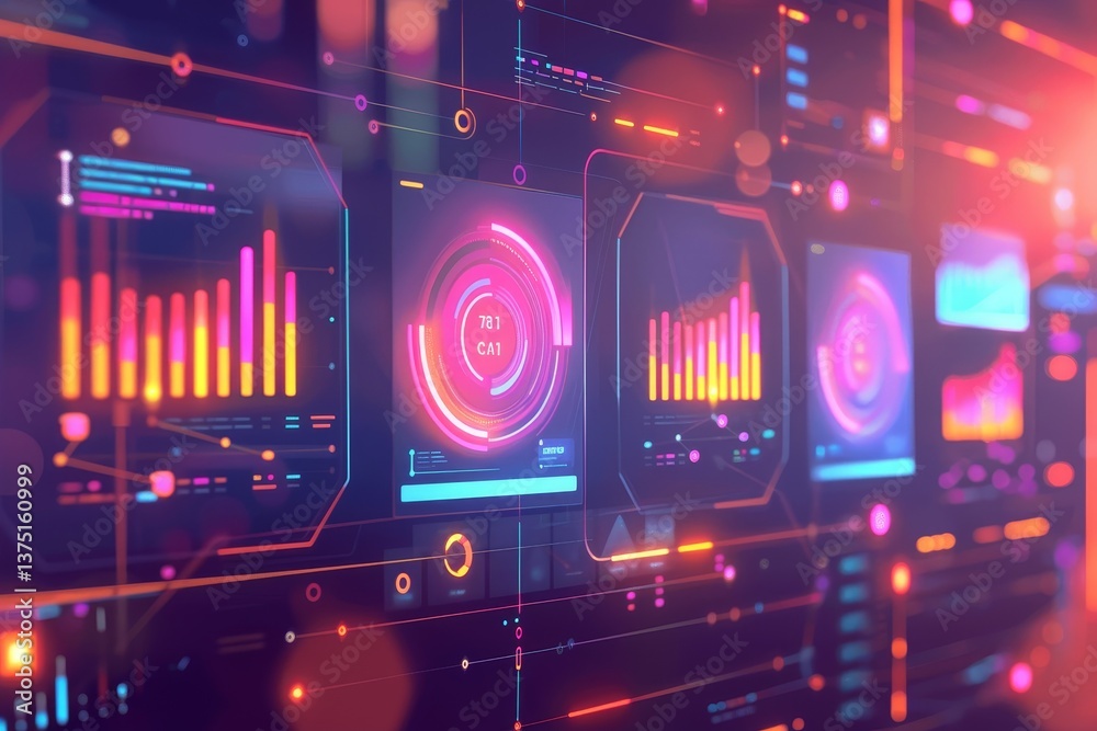Poster a futuristic animated dashboard with vibrant graphs and data indicators, generate a dynamic animatio